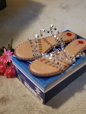 White Mountain Nude Clear-Strap Studded Sandals